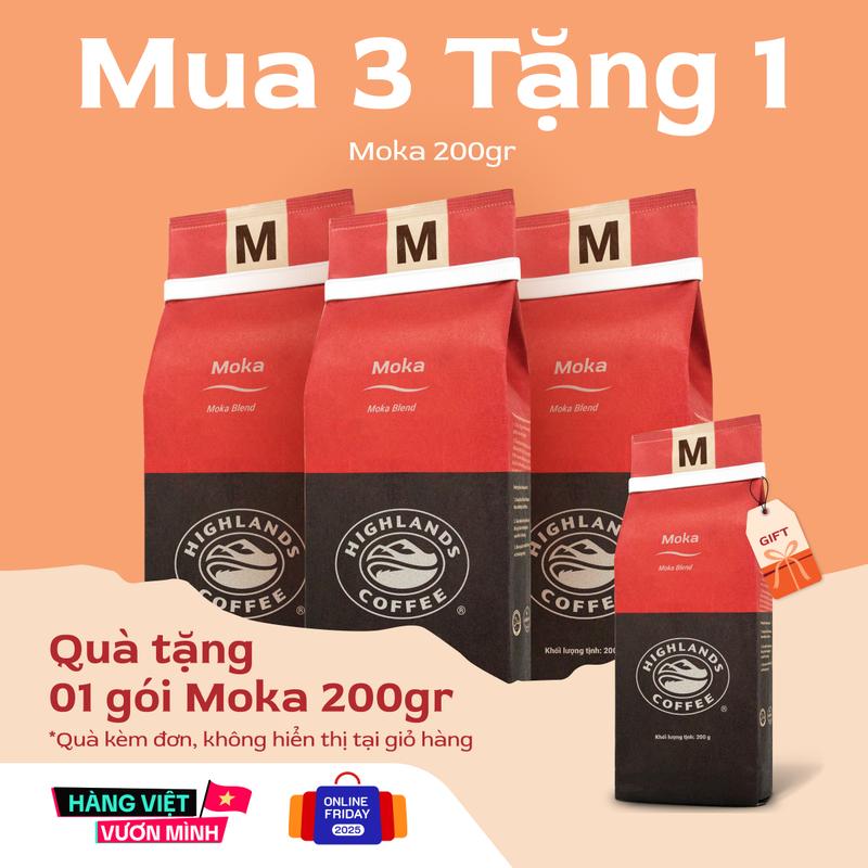   Khuyến mãi bao bì giấy- Mua 3 tặng 1 gói cùng loại  Combo 3 gói cà phê rang xay Moka Highlands Coffee 200g - chua thanh nhẹ hương vị sô-cô-la đen thể chất đầy đặn hậu vị béo mịn. 