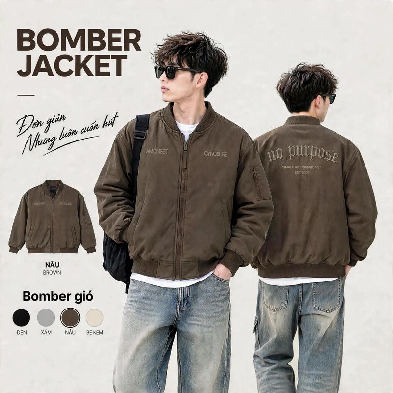 Áo Khoác Bomber Gió Nam Nữ Chữ Thêu Nổi 2 Lớp Chất Gió Tráng Bạc Trượt Nước Cản Gió có túi trong và ngoài phong cách Hàn Quốc