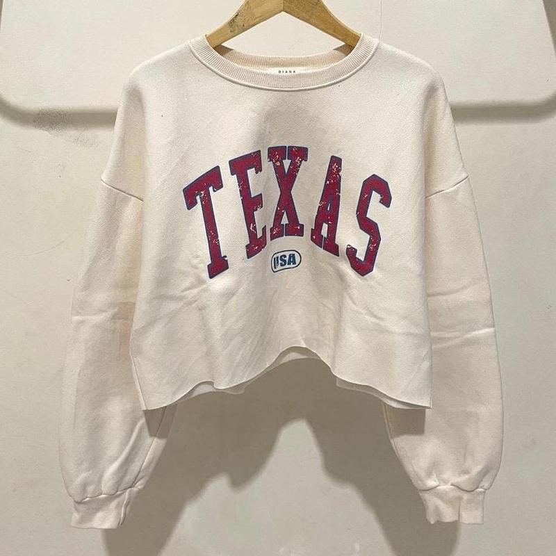Sweater Wanita Texas Crope Oversize Fleece Fit Putih Atasan Crewneck Tebal Baju Sweatshirt 1