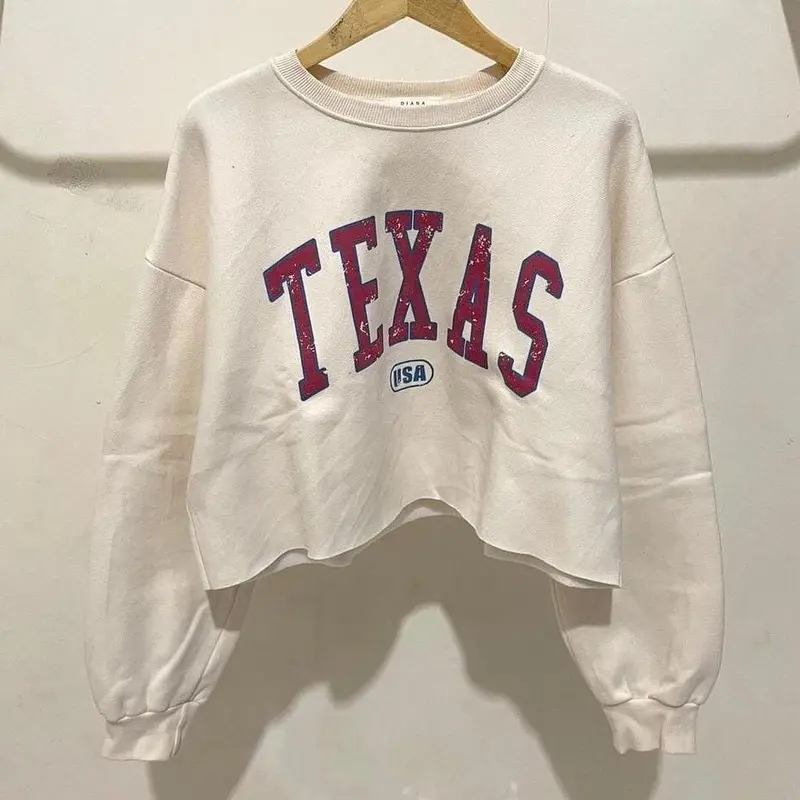 Sweater Wanita Texas Crope Oversize Fleece Fit Putih Atasan Crewneck Tebal Baju Sweatshirt 1
