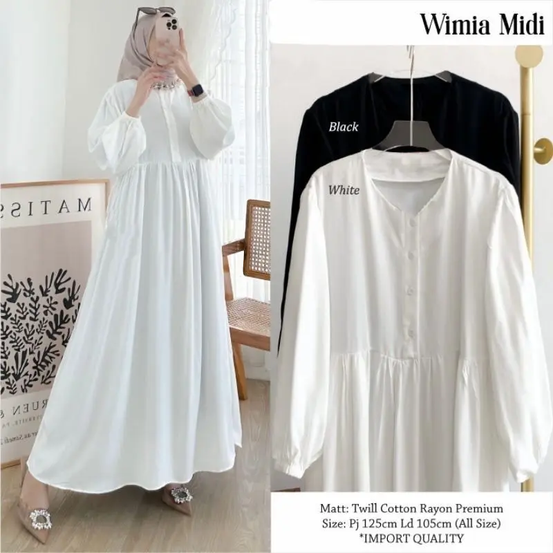 Midi Dress simpel Polos Bahan Catton Rayon LD 110 Wimia midi warna Broken White Fashion Lebaran 2024 Daily Dress wanita remaja Elegant
