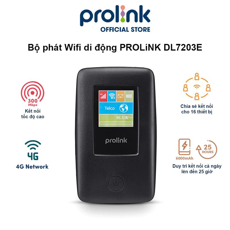 Bộ phát Wifi di động PROLiNK DL7203E 4G LTE 150Mbps, pin 6000mAH, màn hình TFT…