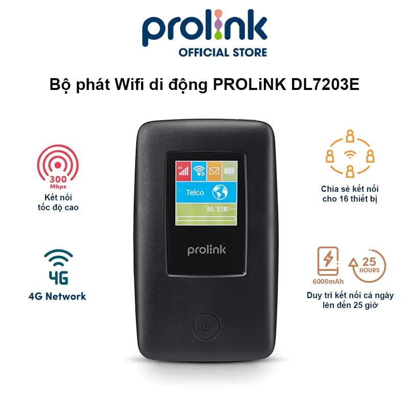 Bộ phát Wifi di động PROLiNK DL7203E 4G LTE 150Mbps, pin 6000mAH, màn hình TFT 1.44", cổng RJ45, USB 2.0 - Mobile 0