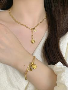 Set Gelang dan Kalung, SUNQ, Berbentuk Hati, Reka Bentuk Minimalis 3D Berongga, Fesyen women jewelry Rantai Barang Kemas