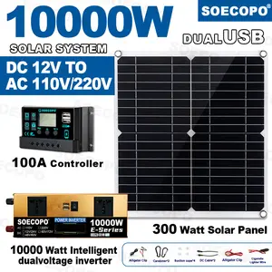 10000W Solar System Power Kit 12V/24V Dual Voltage LCD Inverter 100A Controller 300W Panel for Home/RV/Camping Power Station