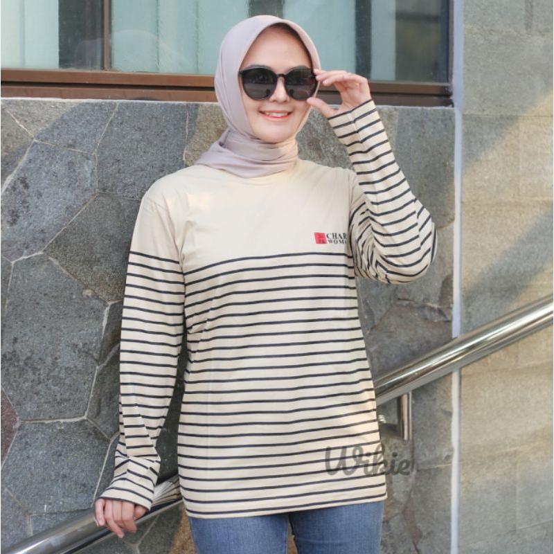 Terlaris Kaos Wanita Salur Lengan Panjang Atasan Wanita Hijab Salur Baju Belang Kaos stripe Wanita Kaos Ootd 0