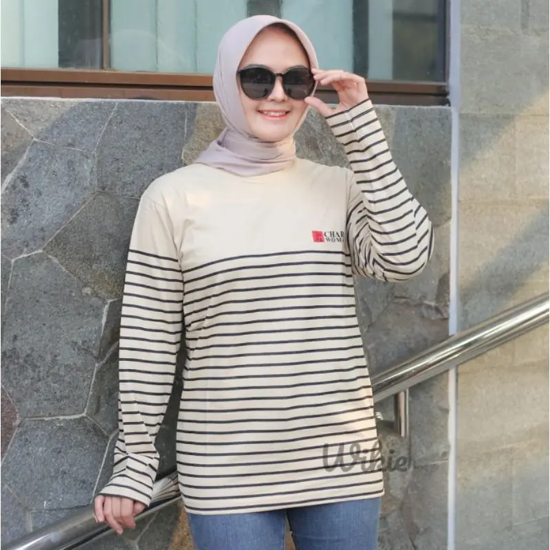 Terlaris Kaos Wanita Salur Lengan Panjang Atasan Wanita Hijab Salur Baju Belang Kaos stripe Wanita Kaos Ootd 0