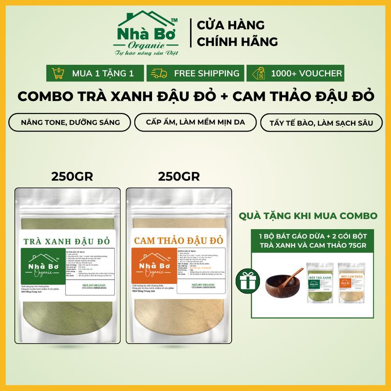 Combo 2 Gói [250g Bột Trà Xanh Đậu Đỏ + 250g Bột Cam Thảo Đậu Đỏ] | Nhà Bơ Organic - Giúp Dưỡng Trắng, Tẩy Tế Bào, Làm Mềm Mịn cho Da Mặt và Body
