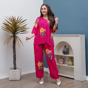 Setelan Celana Panjang ABG Sleting Batik Pekalongan Putri Laila Baju Dewasa Formal Nyaman Pendek Wanita Katun Motif Tangan Santai Kancing Atasan