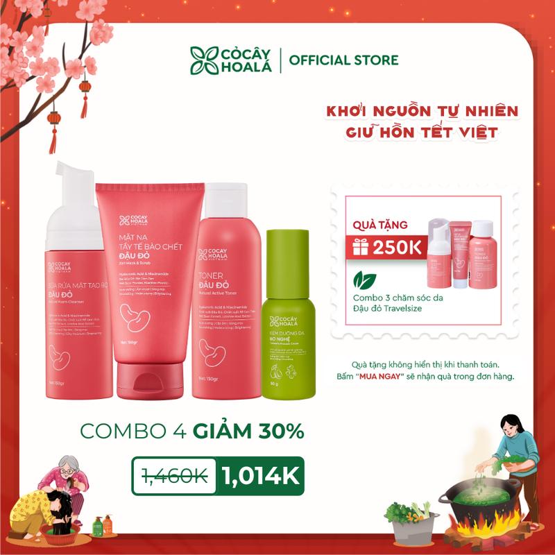 COMBO ẨM MƯỢT SÁNG MỊN Combo Sữa Rửa Mặt Tạo Bọt Đậu Đỏ 150g & Mặt Nạ Tẩy Tế Bào Chết Đậu Đỏ 2in1 150g & Toner Đậu Đỏ Cỏ Cây Hoa Lá 150g & Kem Dưỡng Da Bơ Nghệ Cỏ Cây Hoa Lá 50g