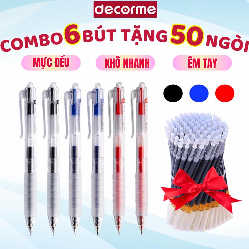 Bút gel bấm basic DecorMe viết nhanh khô ngòi 0.5mm 3 màu đen xanh đỏ viết trơn mực đều nét chữ đẹp