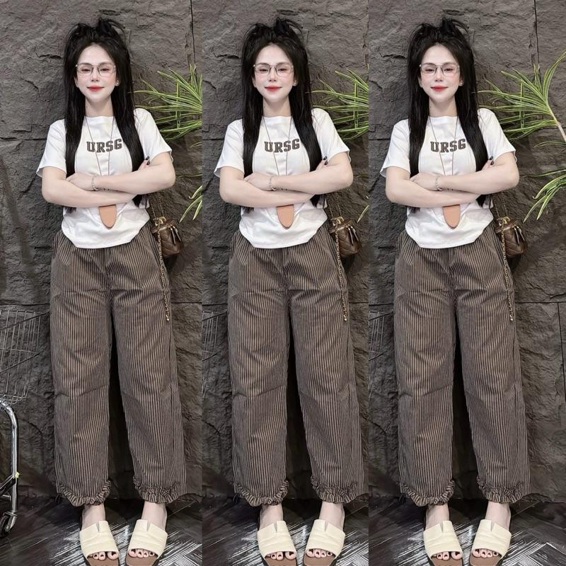  Bộ áo thun tăm thêu chữ ngắn tay quần đũi màu xanh dáng baggy lưng thun dài 90cm Top Women Nữ set 