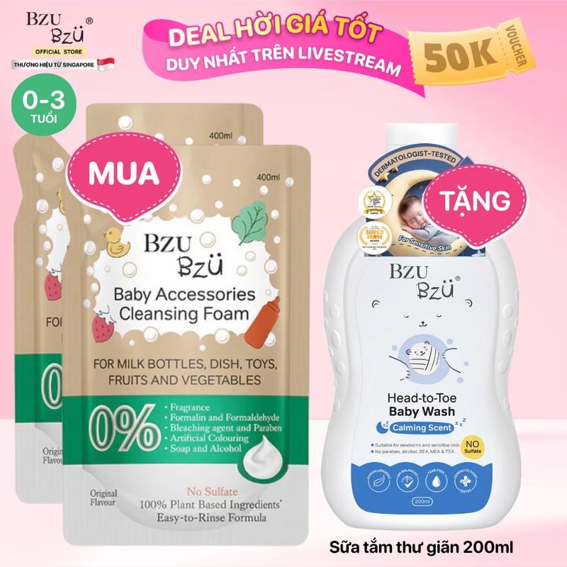 Combo 2 Túi Nước Rửa Bình Sữa, Đồ Dùng Em Bé BZU BZU Baby Accessories Cleansing Foam Tạo Bọt 400ml
