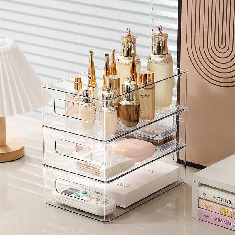 Acrylic desktop storage box, dormitory cosmetics PET transparent organizing box, desk and stationery stackable Adding storage racks