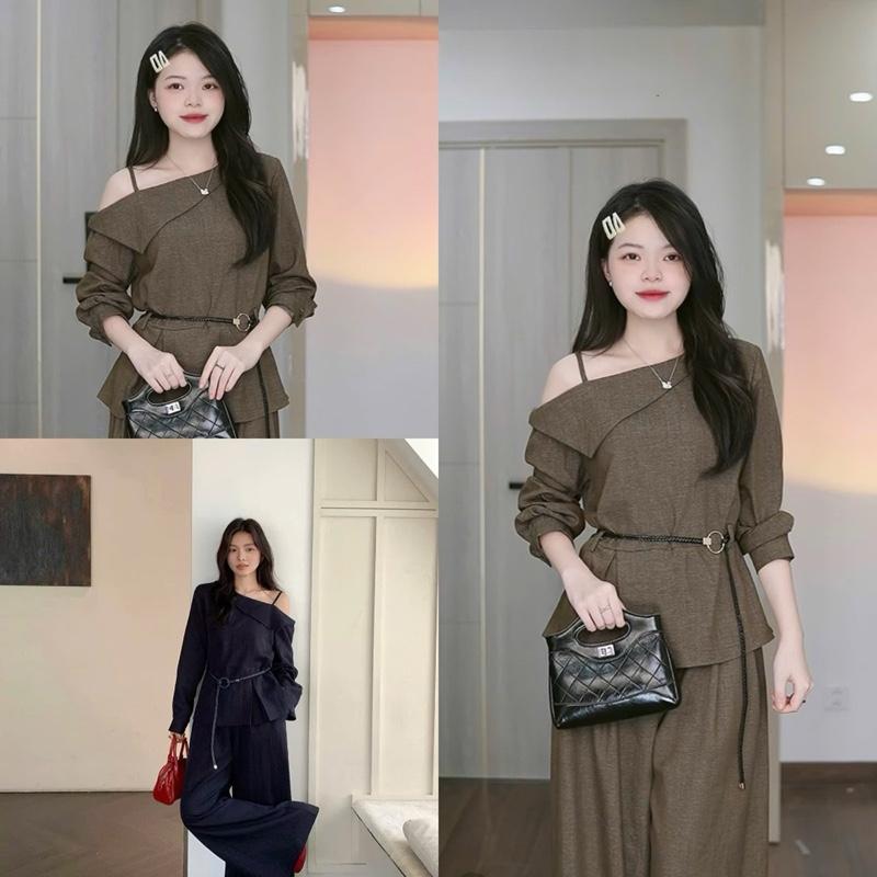 [ KEM ĐAI NGẪU NHIÊN] Set Áo Lệch Vai Xẻ Vạt Tay Chất Đũi Vân Mây Dài Mix Quần Dáng Xuông - Hân Linh Shop