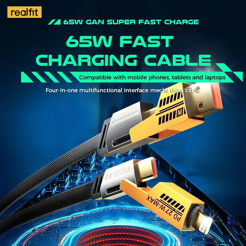 Cáp Mech, 4 IN 1, Cáp Siêu Nhanh 65W, Dài 1M, Cáp Sạc Type C, Tương Thích Với iPhone Và Android 0
