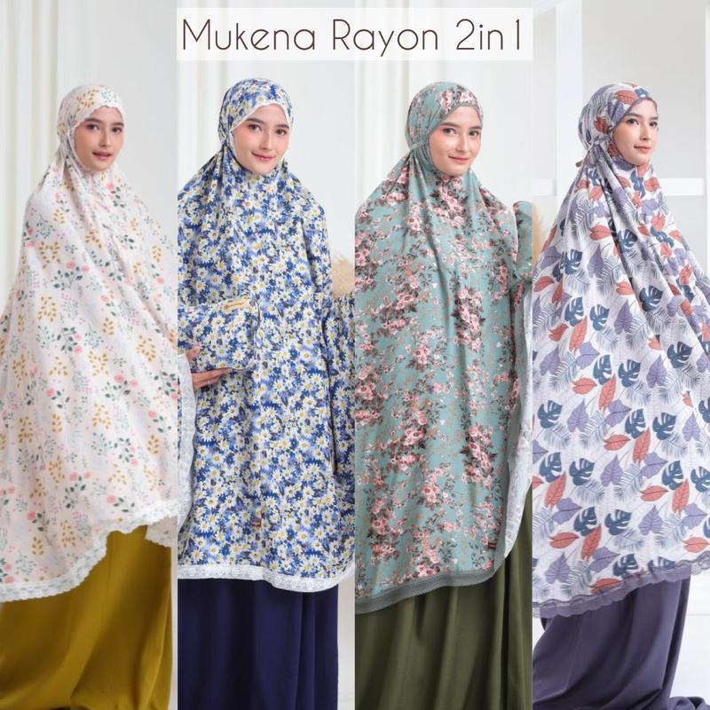 Mukena Rayon Premium Model 2in1 Ramadhan 2025 Bunga Katun Motif Dewasa Traveling Muslimah - Sajadah & Pouch Cantik - Panjang, Bawahan, Atasan 3