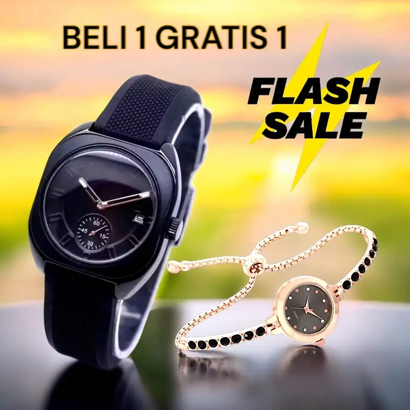 PROMO BELI 1 GRATIS 1 Jam Tangan Wanita Segi Terbaru Tali Rubber Free Jam Gelang Serut Analog Watches 2