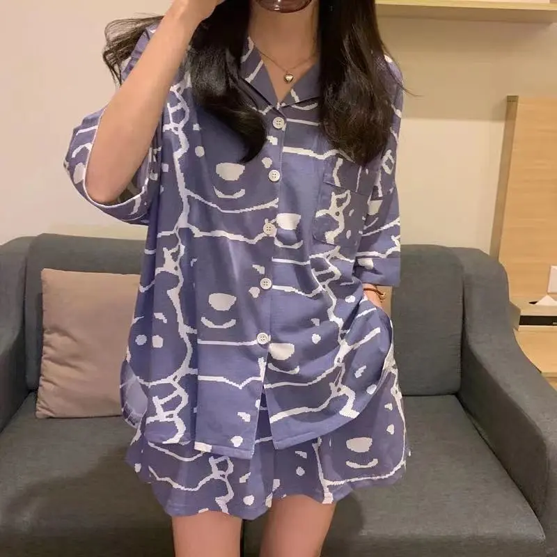 AKS Setelan piyama wanita remaja set baju tidur perempuan dewasa motif karakter animasi lucu bahan hot pants korean style serap keringat atasan celana pendek model kemeja terbaru kekinian fit to XXL jumbo cocok untuk harian santai PY003