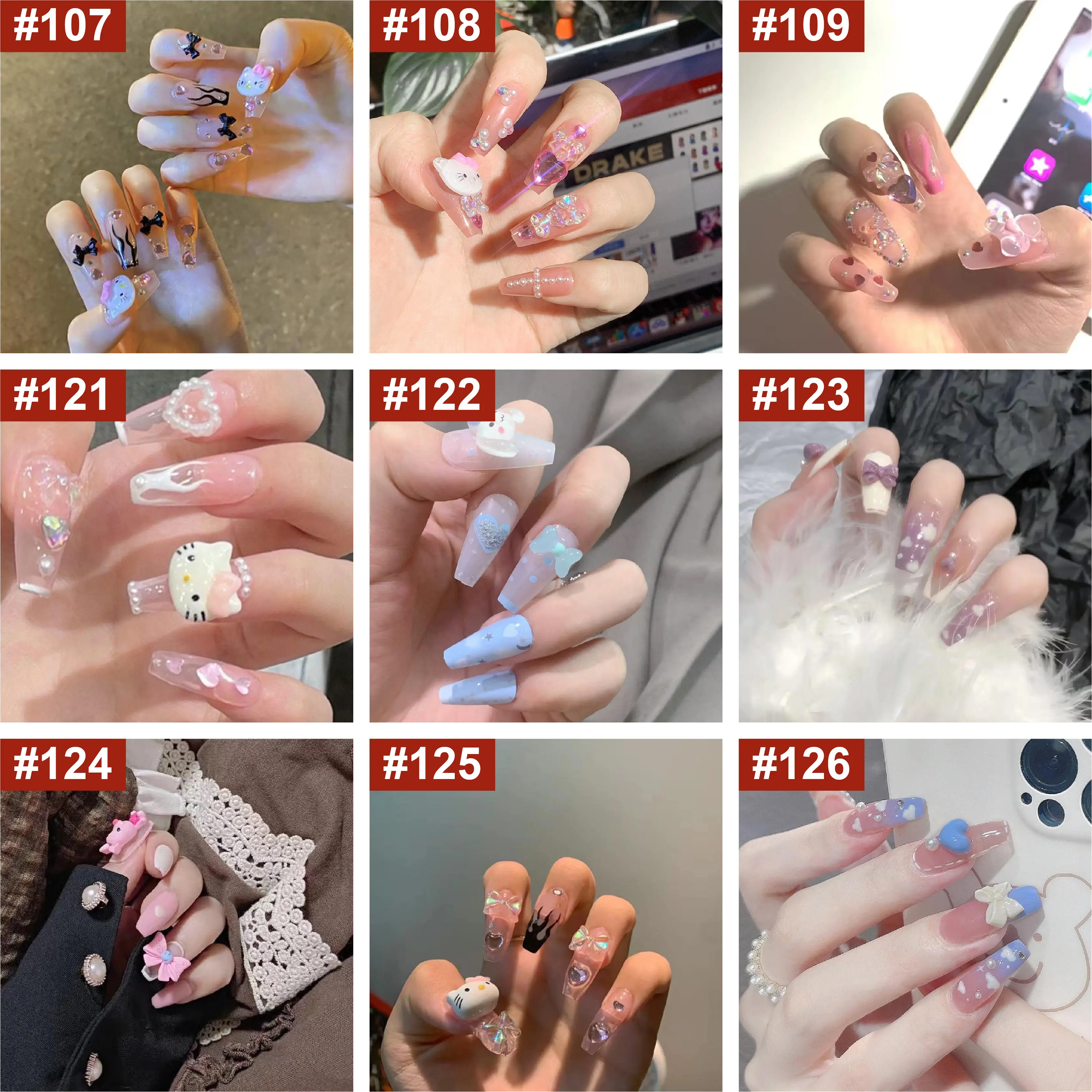 #107 #108 #109 #121 #122 #123 #124 #125 #126  3D Long Style Wearable Fake Nails