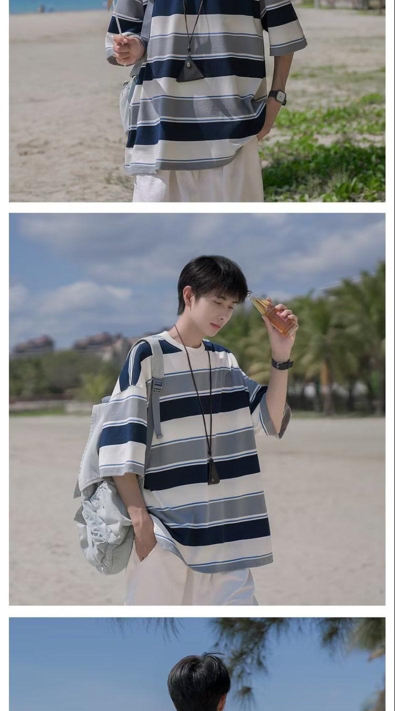 Product Introduction of 2024 Striped T-shirt Men's Short Sleeve Summer Fashion Brand Japanese College Style Loose Men's Half Sleeve T-shirt Menswear Top 5
