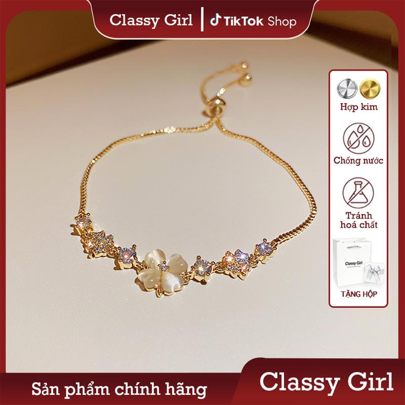  【Ưu đãi sản phẩm mới  Vòng tay cỏ bốn lá may mắn Quà tặng sinh nhật Đá mắt mèo Trang sức có thể điều chỉnh rút Thời trang sang trọng nhẹ nhàng và tinh tế Quà tặng ngày Valentine-Classy Girl 