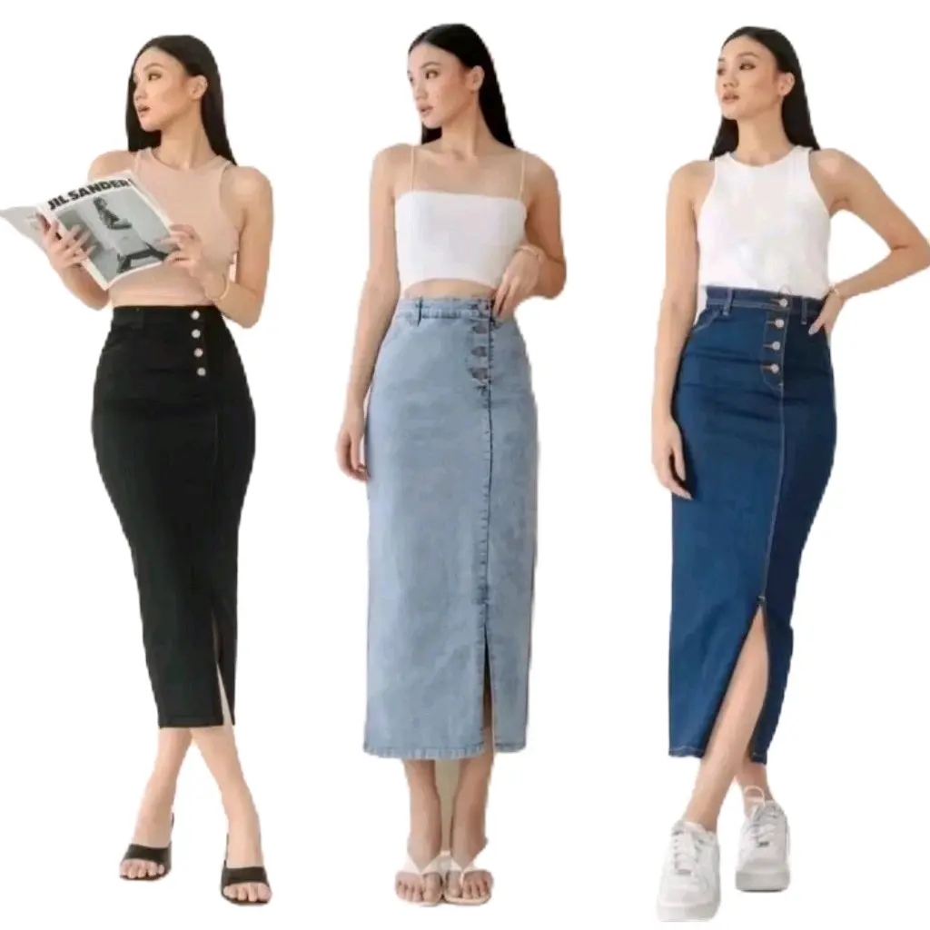 Rok jeans kancing 4 jeans premium // rok jeans panjang doremi // COD rok jeans kancing depan jumbo // rok jeans wanita belah depan jumbo Denim Cewek Dewasa