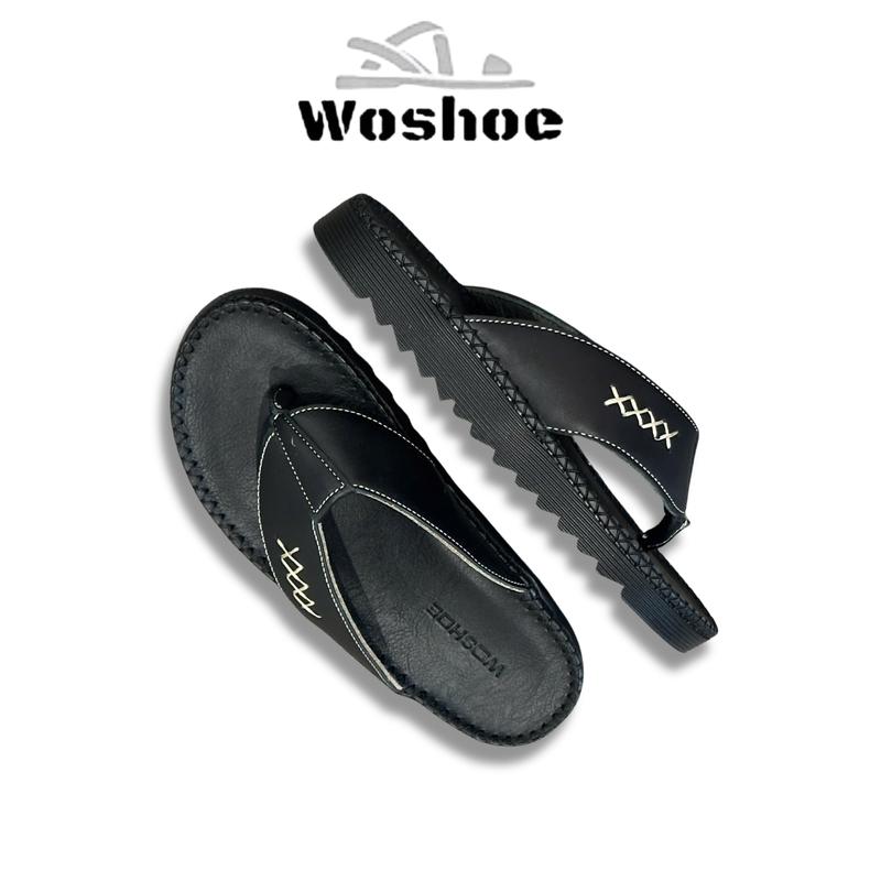  Dép Doctor Nam Quai Kẹp Da Bò WOSHOE Dép Nam Xỏ Ngón Đế Cao Su Đúc Khâu Đế Mũi tròn Đế Bằng 