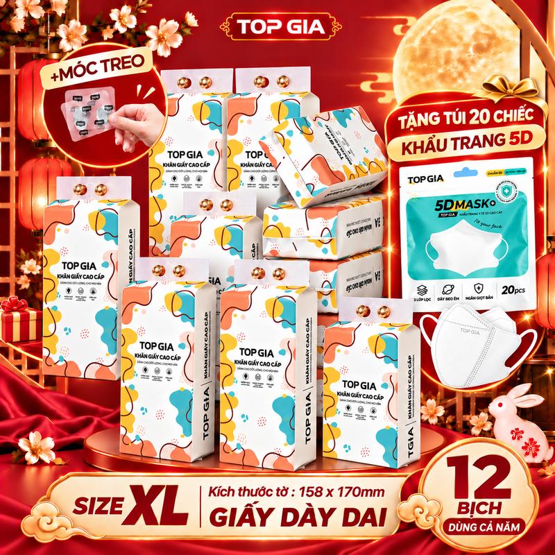[Combo 12 Bịch TẶNG 20 KHẨU TRANG] Khăn Giấy Rút Đáy Top Gia Treo Tường 1280 Tờ 4 Lớp Dày Dai Mềm Mịn Tiện Lợi