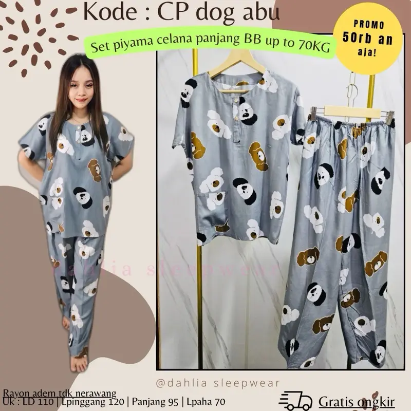 CP doggy abu + piyama pendek/panjang tulis warna