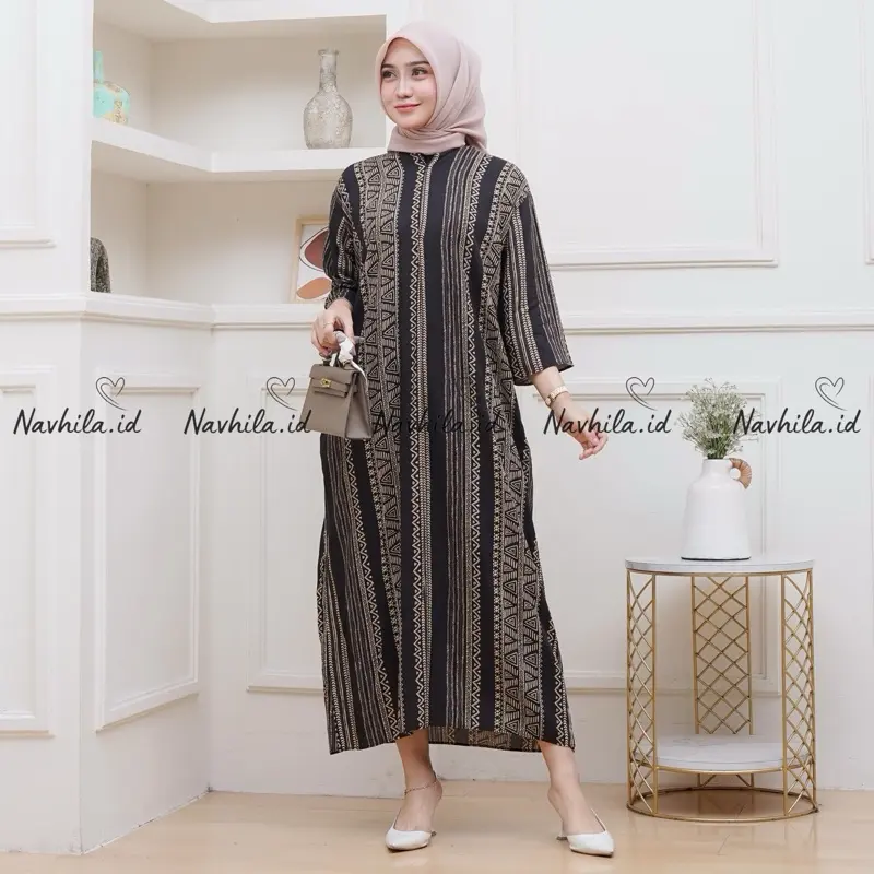 Navhila - Daster Motif Kekinian Tangan 3/4 Katun Rayon Gamis Nyaman Panjang Wanita Bumil Zipper Busui Basic Daily Santai 2