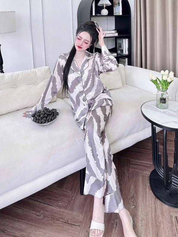 Đồ Bộ Pijama Dành Cho Nữ, Lụa Latin Mịn, Tay Dài (Dài Tay), In Loang Màu Gợn Sóng, Cổ Vest 6 Cúc,[Size 50kg-62kg, 63kg-75kg] Bigsize Nhung Voi
