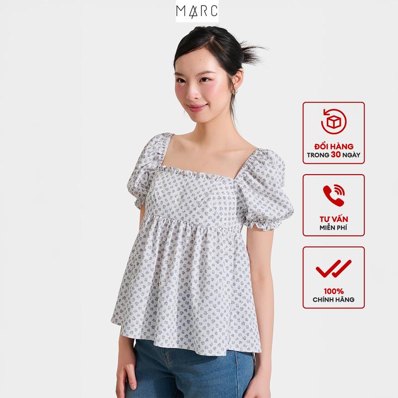  MARC FASHION - Áo kiểu babydoll họa tiết cổ vuông phối bèo tay phồng CBNH011425 