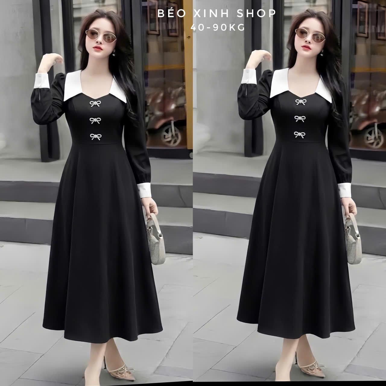Đầm Dự Tiệc Nữ Dáng Dài Cổ Vuông Phối Trắng Sang Trọng Thanh Lịch Trẻ Trung Vải Cotton Lạnh Cao Cấp Bigsize 40–90kg Thời Trang Nữ Béo Xinh Shop – A.1598