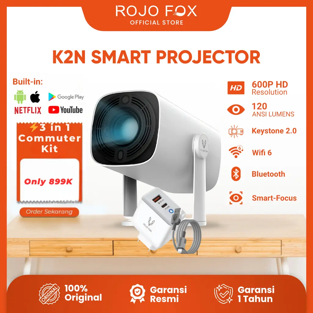 ROJO FOX Mini Proyektor Portable HP K2N Android 720P HD TV Infocus LED Smart Electronic Focus Projector Home | Wireless Mirroring | Dual Speakers | Wifi 6 & Bluetooth 5.0 | Home Entertainment_Projector