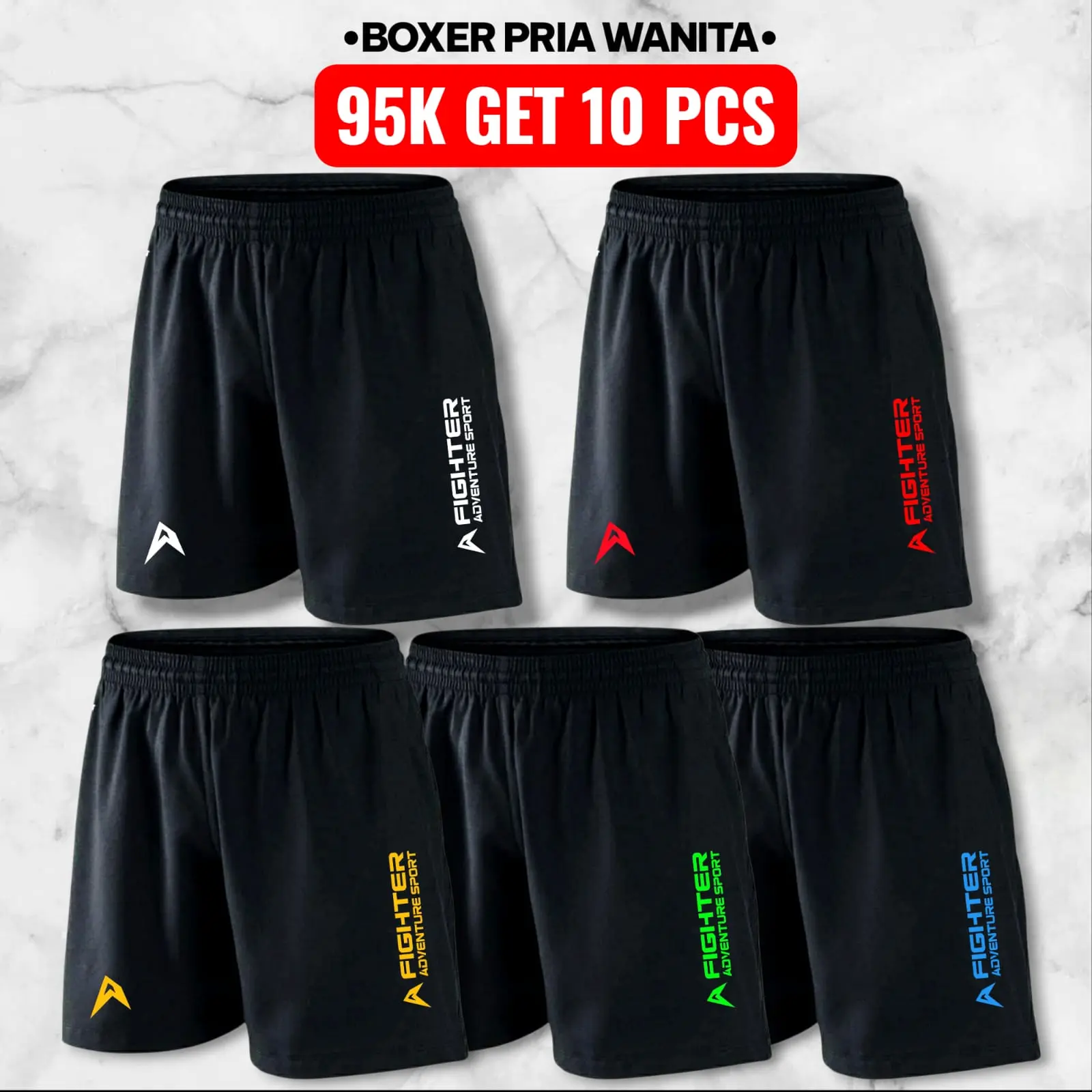 CELANA PENDEK BOXER FIGHTER 10 PCS CUMA 90 RIBU PRIA WANITA UNISEX DISTRO Hitam Shorts Boxer