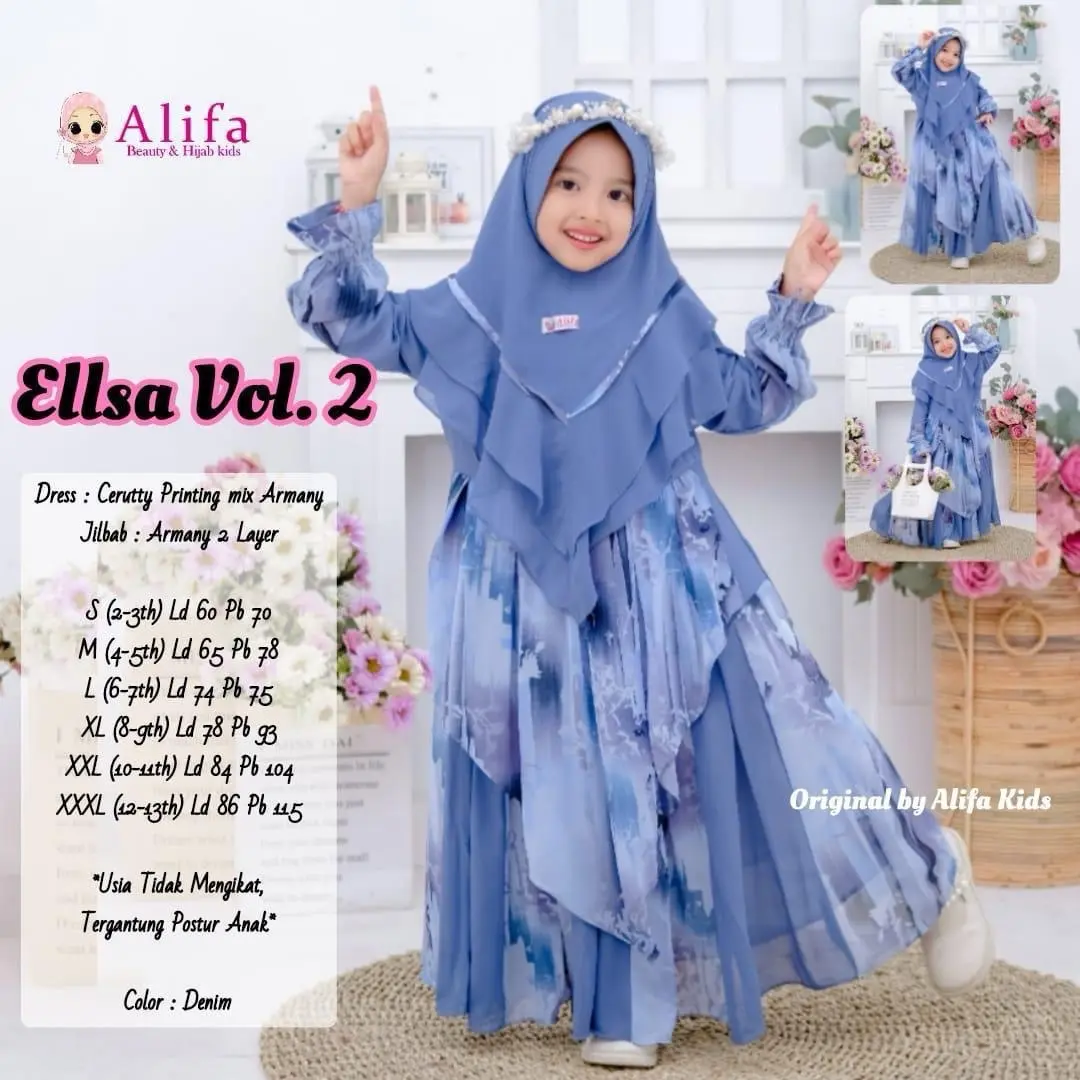 GAMIS ANAK PEREMPUAN USIA 2-13th ELLSA SYARI Free JILBAB ORIGINAL ALIFA Gamis