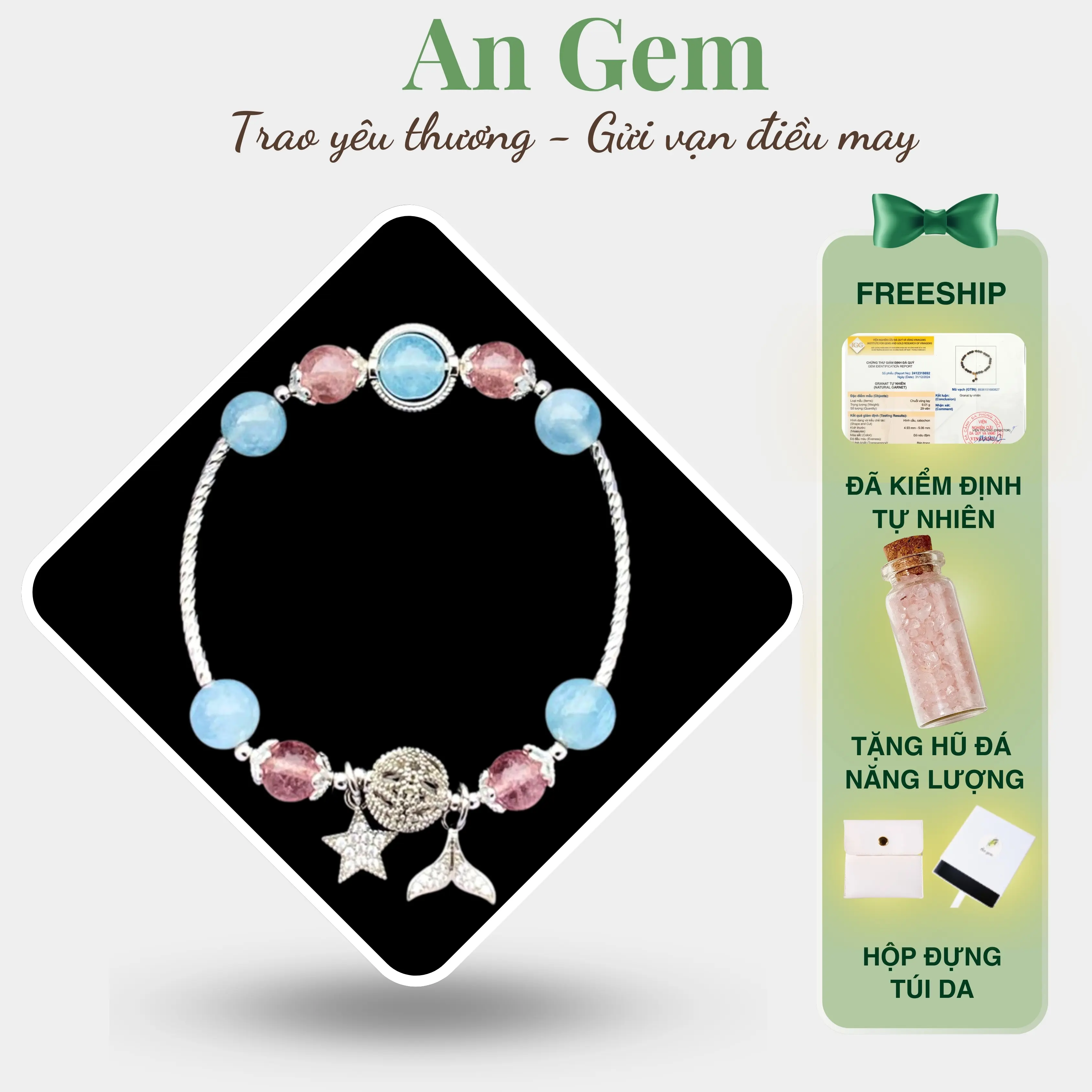 Vòng tay đá năng lượng Aquamarine mix Dâu hồng full charm, lắc tay nữ phong thuỷ đá tự nhiên phụ kiện đeo tay nữ  Bracelet quà tặng giáng sinh Noel Tết Valentine [TẶNG HŨ ĐÁ NĂNG LƯỢNG]