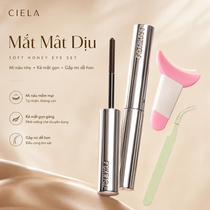 Bộ Mắt Mật Dịu - mascara nâu + dụng cụ kẻ mắt hồng + nhíp xanh, set mắt nâu mềm, chỉnh nhanh trước giờ hẹn