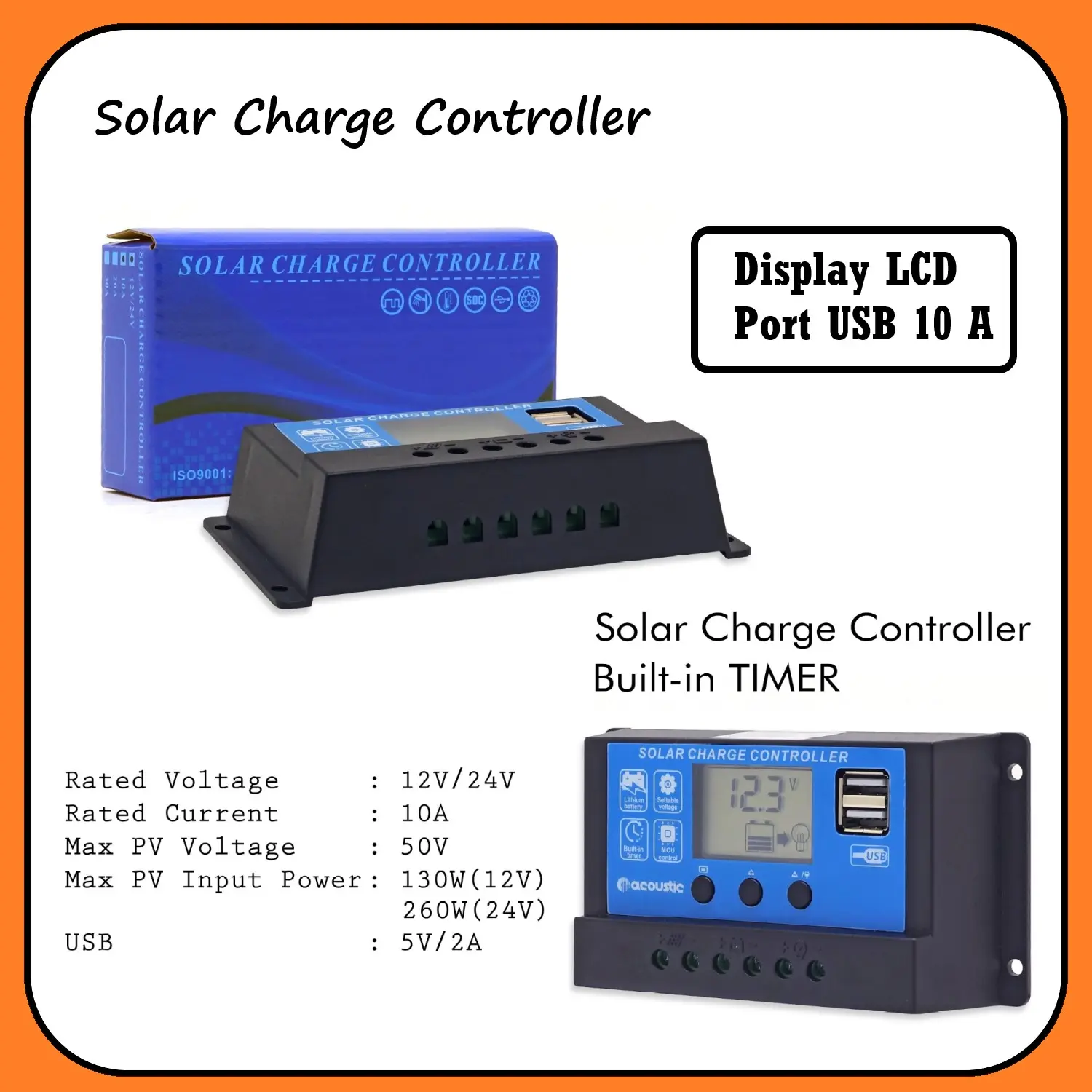 S-NET Solar Charge Controller 10A Cell PWM 12V/24V -  Regulator Panel Surya dengan Display LCD & Port USB 10 A