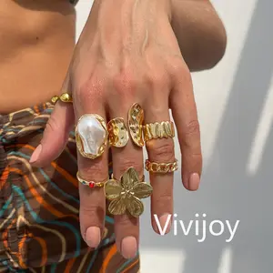 [Vivijoy] Cincin Wanita Cantik Trendi Set 7 Pcs Motif Bunga Mawar Tekstur Cair Mutiara Permata Warna Warni Emas Perak Desain Terbuka V244