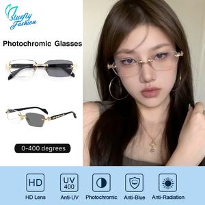 Photochromic Glasses for Men and Women Anti-Radiation 0-400 Grade Fashion Cross Frameless  Myopia Eyeglasses for Nearsighted