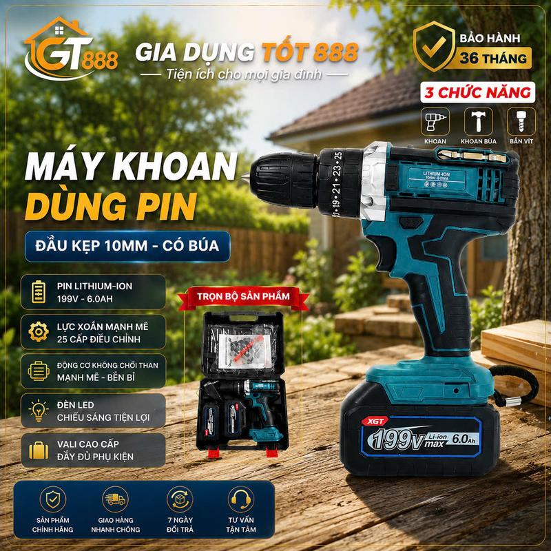 Máy Khoan Pin Cầm Tay - 3 Chức Năng Búa -Khoan - Bắn Vít , Bản 2 Pin Tặng Kèm…