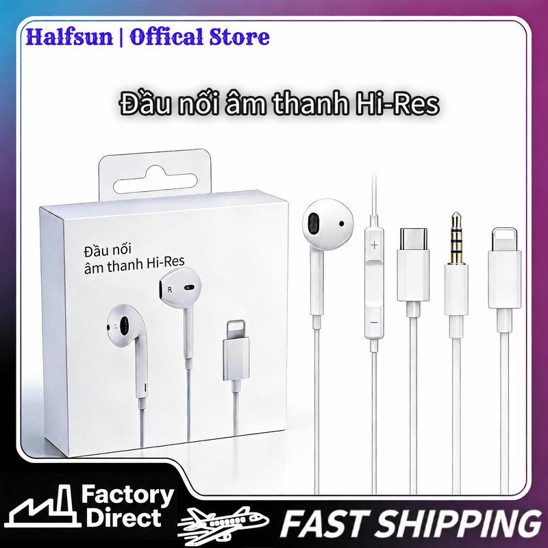 Tai nghe có dây Halfsun với chất lượng âm thanh xuất sắc, micro tích hợp cho cuộc gọi rõ ràng và phát nhạc, tương thích với các giao diện 3.5 mm / Type‑C / Lightning (bảo hành 1 năm).
