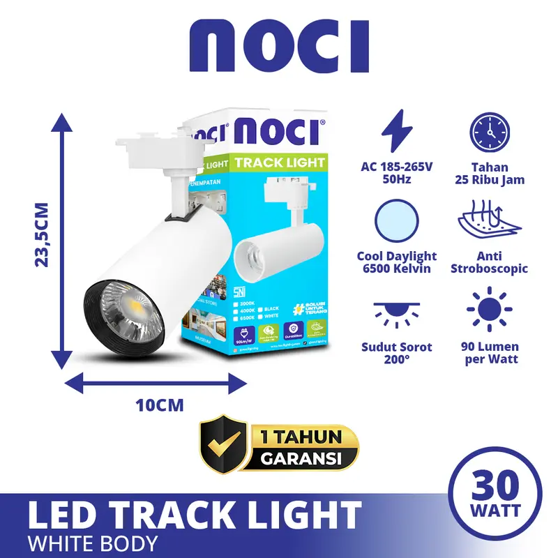 Noci Lampu Sorot Rel LED Track Light 10-30 Watt Cahaya Kuning 3000K/Putih 6500K Warna Bodi Hitam/Putih Super Terang Hemat Daya