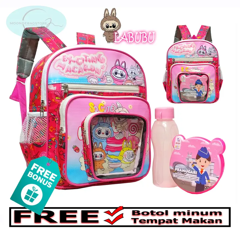 Tas Ransel Anak Perempuan PAUD-TK Karakter LABUBU MACARON TERBARU!! // M1044 Tas Sekolah Anak FREE Tempat Makan+Botol Minum 300ml// Fashion Kids // BISA COD!! 0