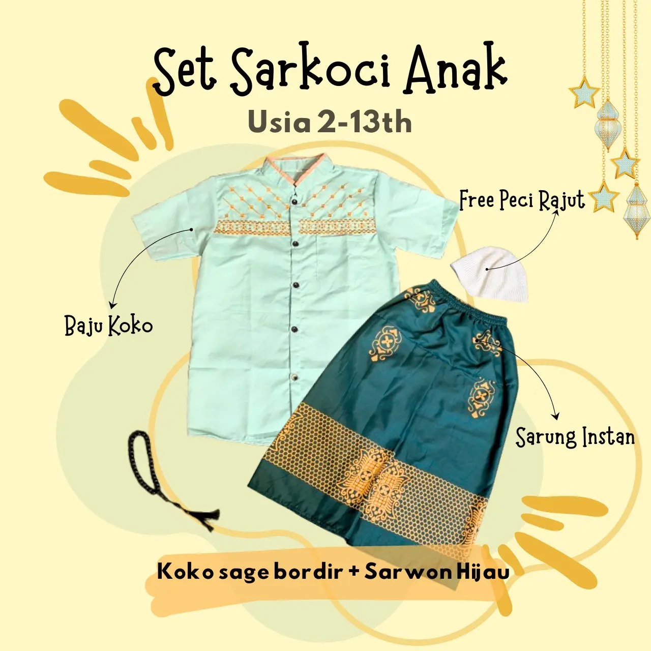 Bordir Sage + Sarwon Hijau + Peci