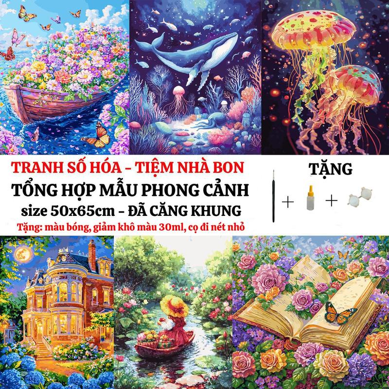 (50X65cm-CÓ BACKBOARD) Tổng hợp tranh tô màu theo số PHONG CẢNH có sẵn khung, cọ vẽ, màu vẽ, tặng màu bóng, giảm khô màu và cọ chuyên dụng