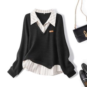 Baju Sweat Dua Helai Tiruan, Bersaiz Besar untuk Wanita, Baju Berpetak Potongan Tidak Teratur, Kesan Pelangsingan Badan, 63800