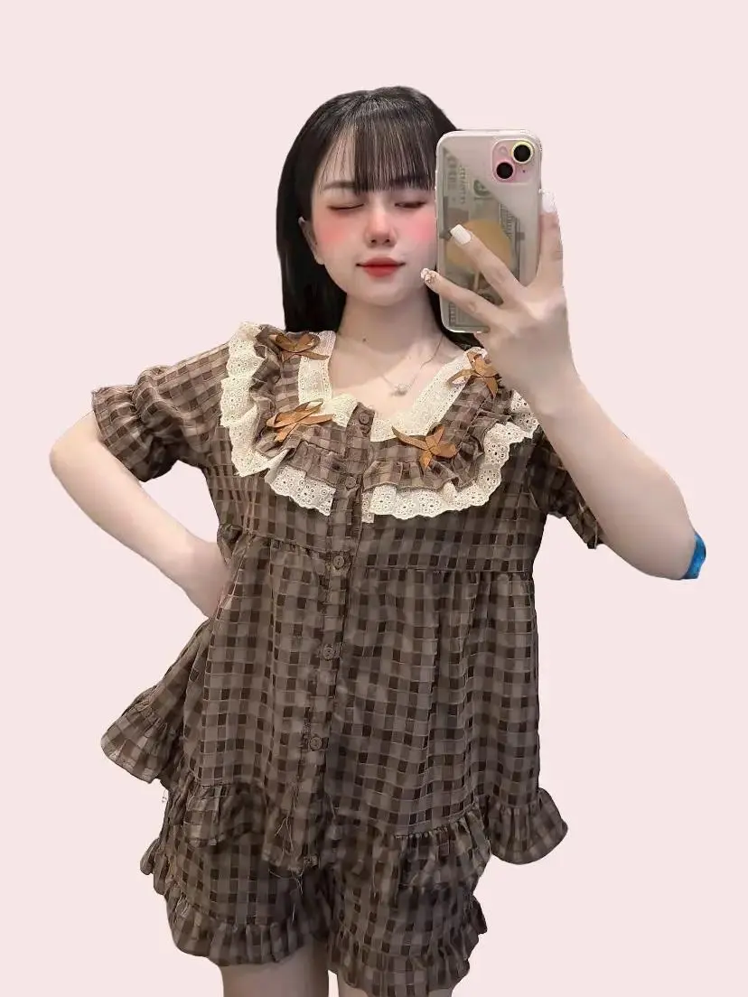 đồ bộ pijama tay ngắn kẻ phối ren tiểu thư cho nàng thêm xinh